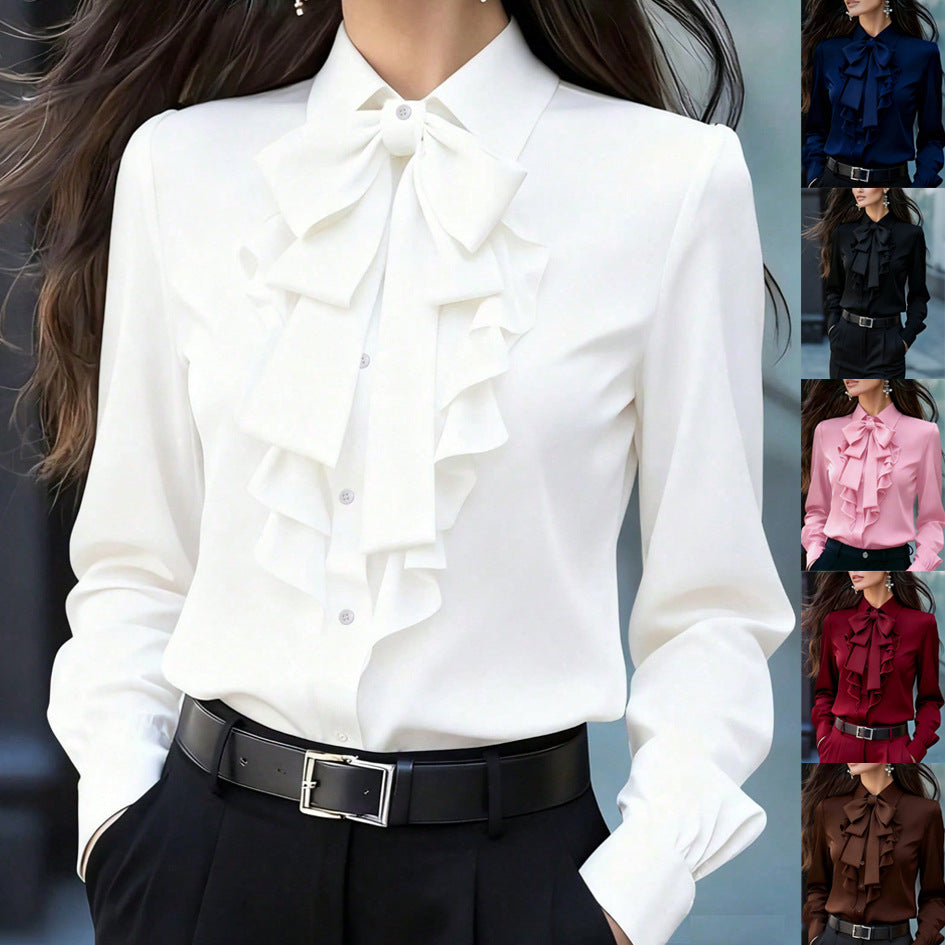 Women's Ruffle-Front Blouse with Bow Collar