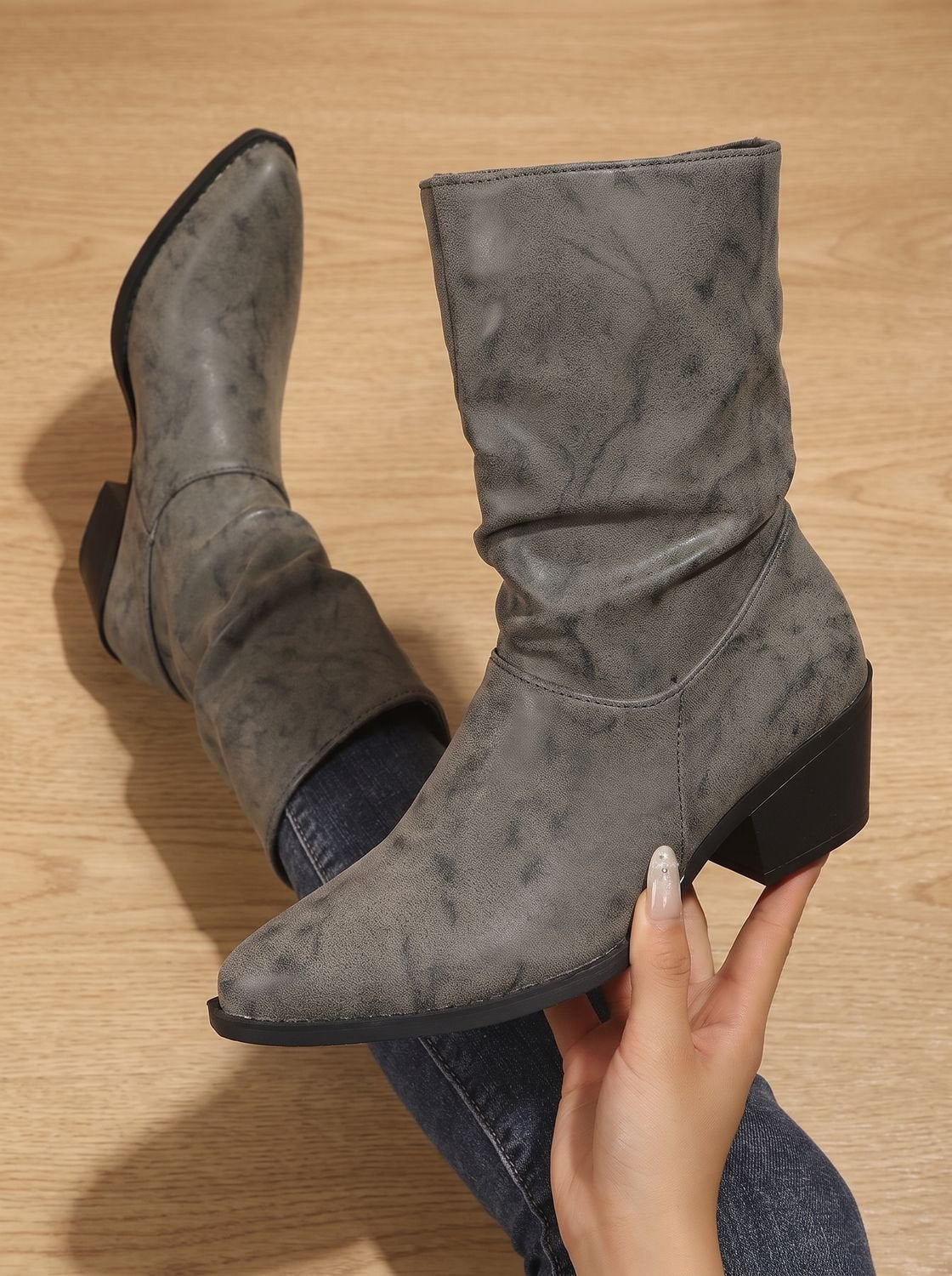 Women's Slouch Mid-Calf Block Heel Faux Leather Boots
