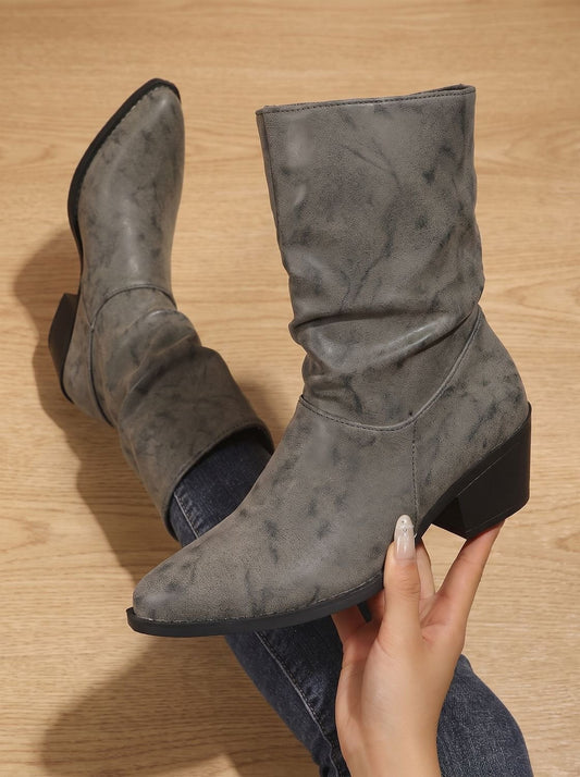 Women's Slouch Mid-Calf Block Heel Faux Leather Boots