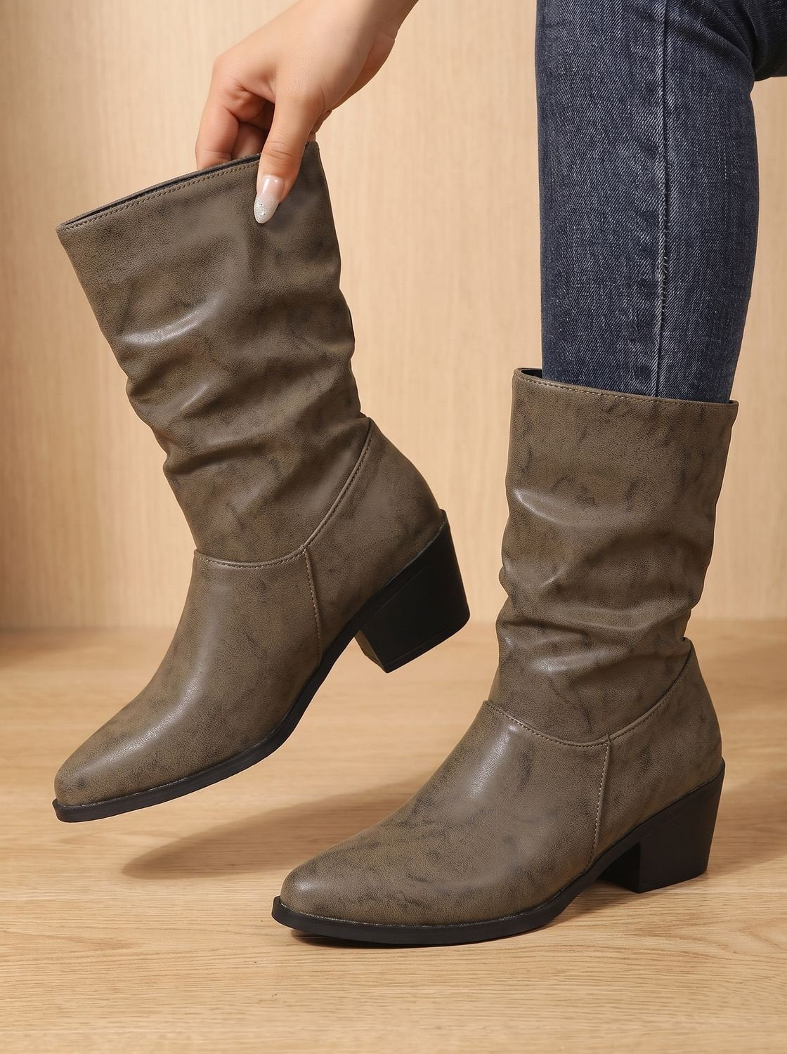 Women's Slouch Mid-Calf Block Heel Faux Leather Boots