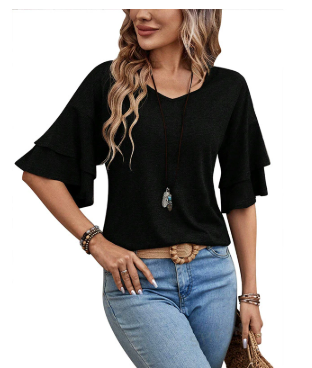 Women's Stylish V-Neck Summer Top with Flared Sleeves