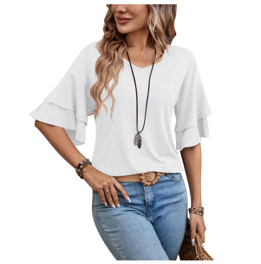 Women's Stylish V-Neck Summer Top with Flared Sleeves