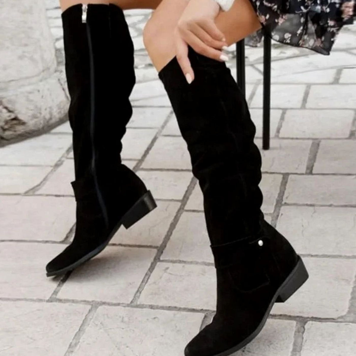 Women's Suede Knee-High Boots with Low Block Heel