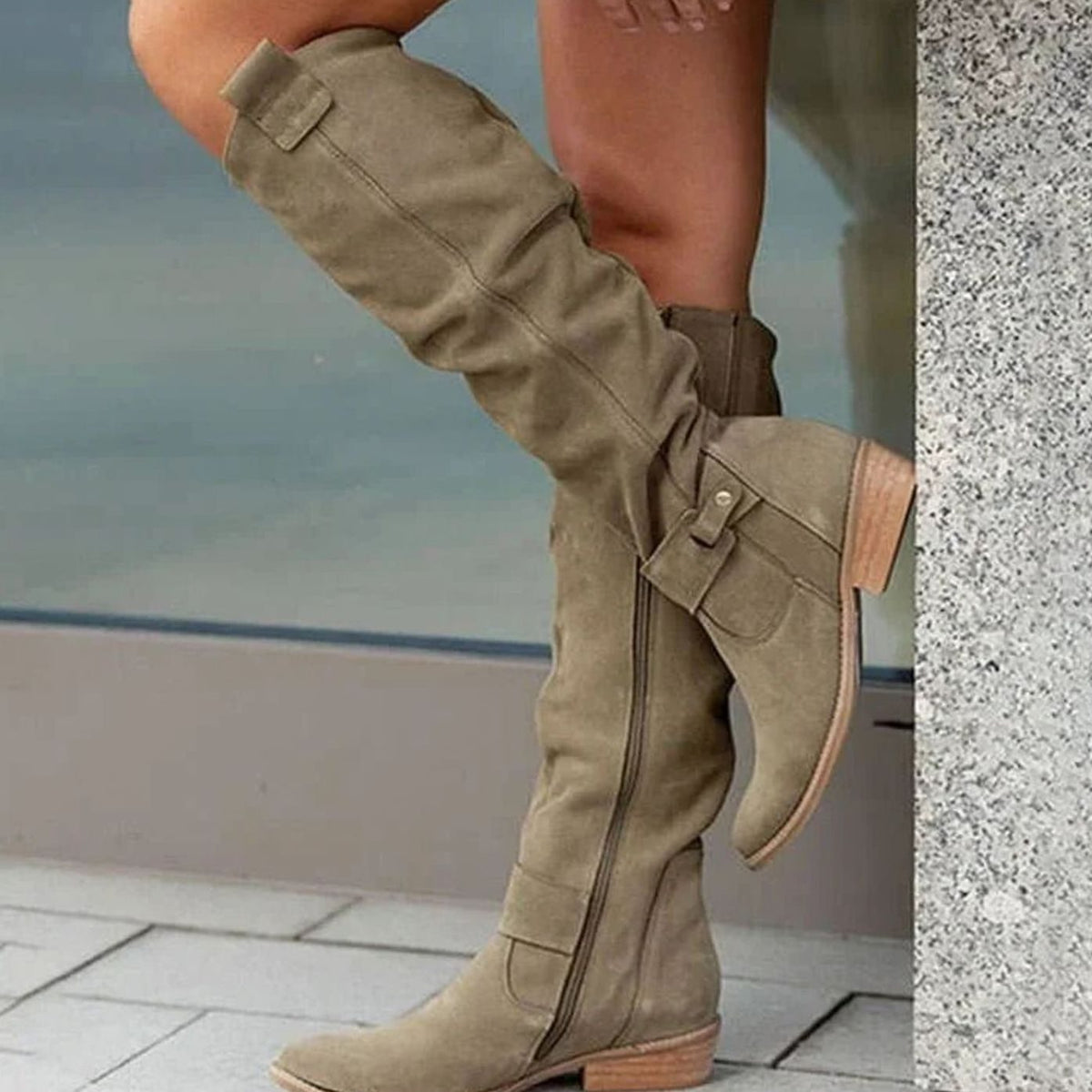 Women's Suede Knee-High Boots with Low Block Heel