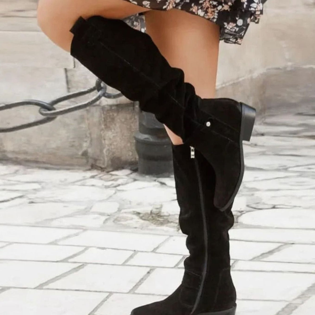 Women's Suede Knee-High Boots with Low Block Heel