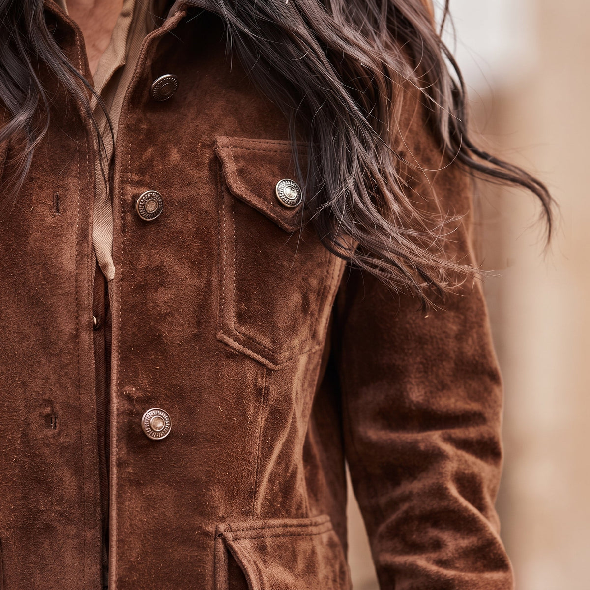Women's Suede Longline Zip Snap-Button Tailored Coat