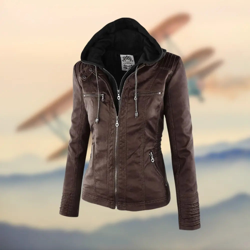 Women's Tan Leather Jacket with Hood and Long Sleeves