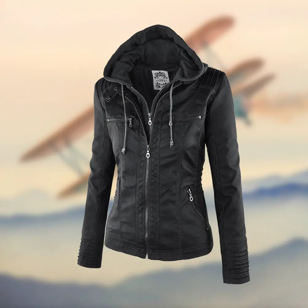Women's Tan Leather Jacket with Hood and Long Sleeves