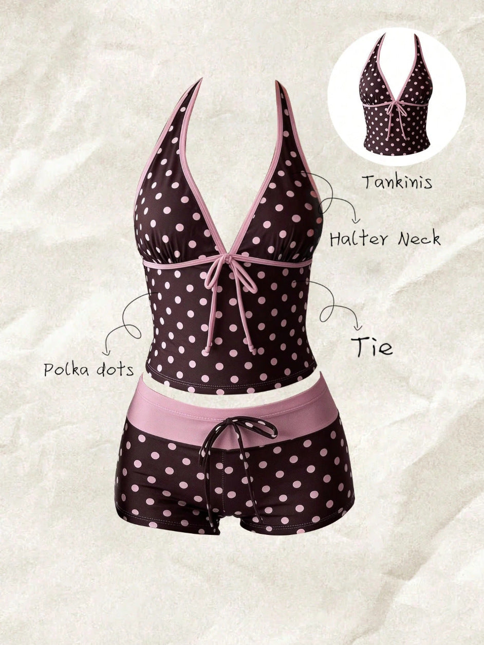 Women's Tankini with Polka Dot Pattern and Adjustable Halter Neck