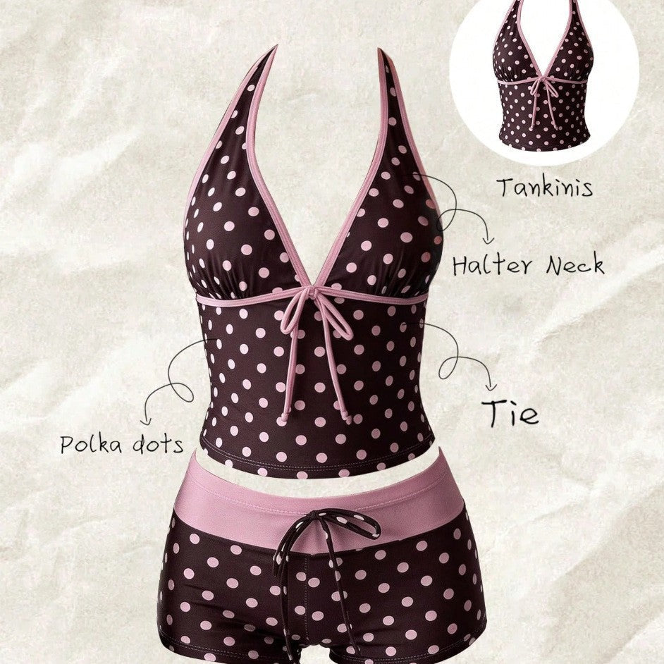 Women's Tankini with Polka Dot Pattern and Adjustable Halter Neck