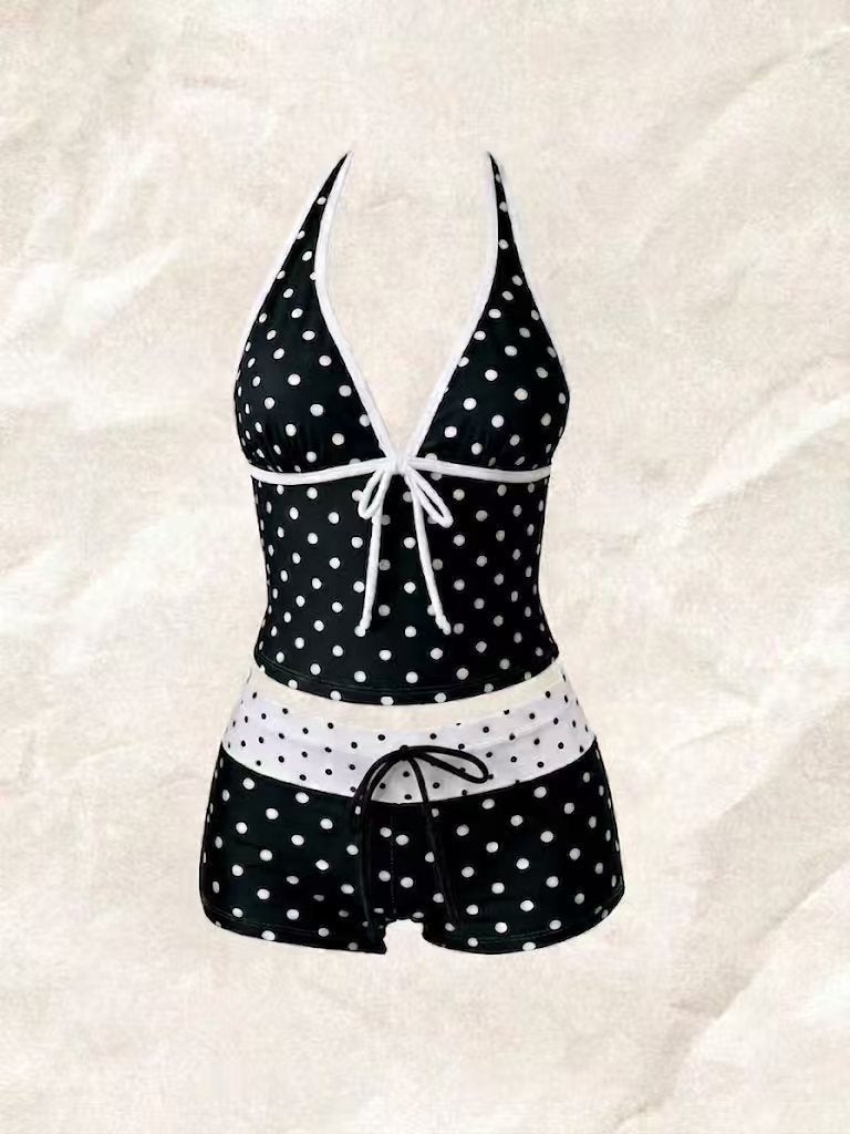Women's Tankini with Polka Dot Pattern and Adjustable Halter Neck