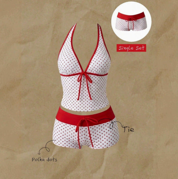 Women's Tankini with Polka Dot Pattern and Adjustable Halter Neck