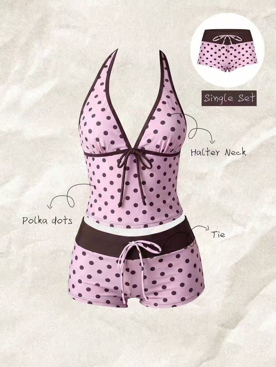 Women's Tankini with Polka Dot Pattern and Adjustable Halter Neck
