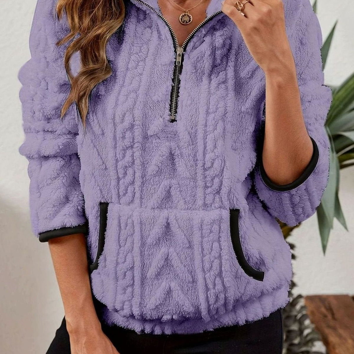 Women's Textured Fleece Half-Zip Kangaroo Pocket Pullover