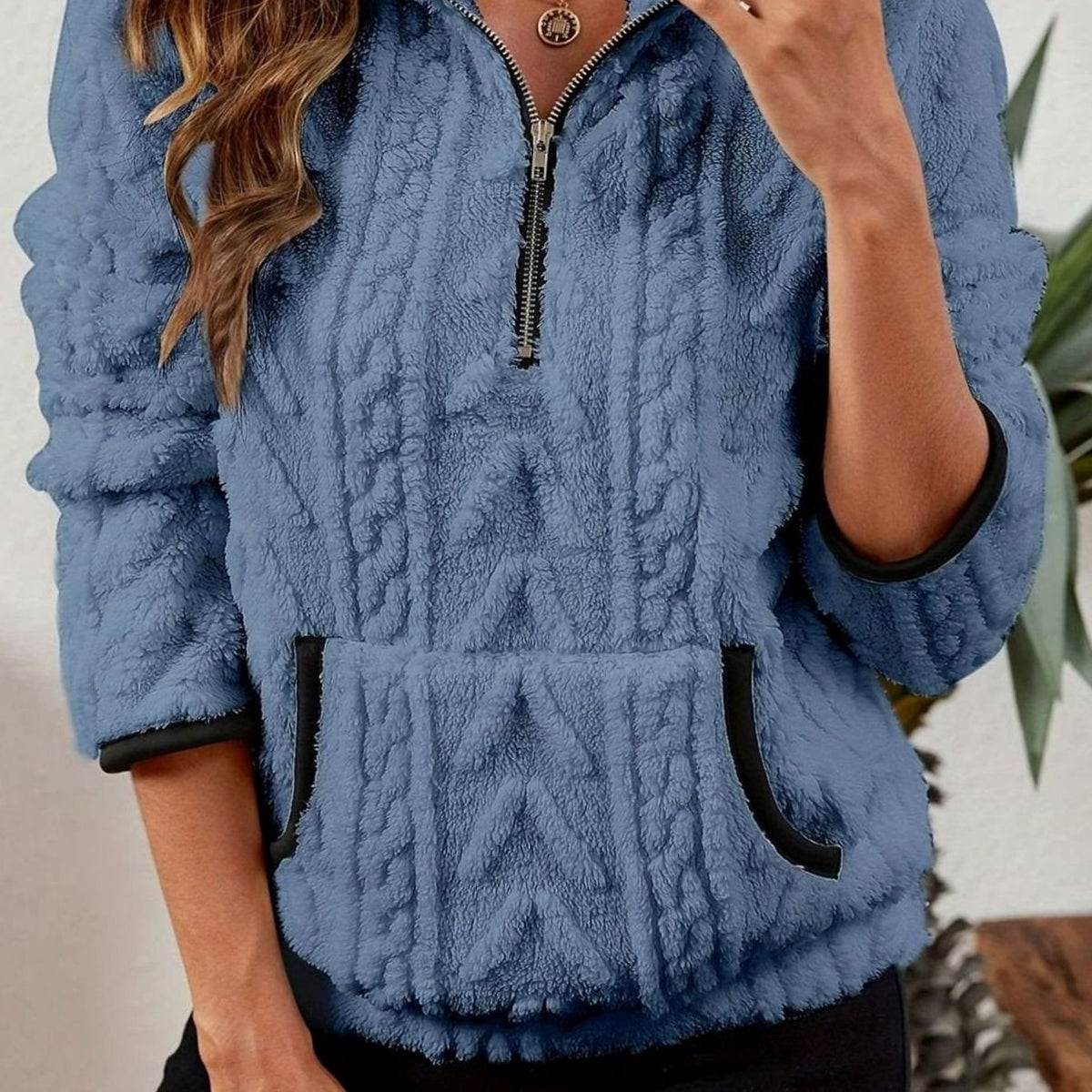 Women's Textured Fleece Half-Zip Kangaroo Pocket Pullover