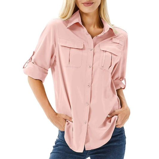 Women's UPF 50 Hiking and Safari Shirt with Roll-Up Sleeves and Zip Pockets