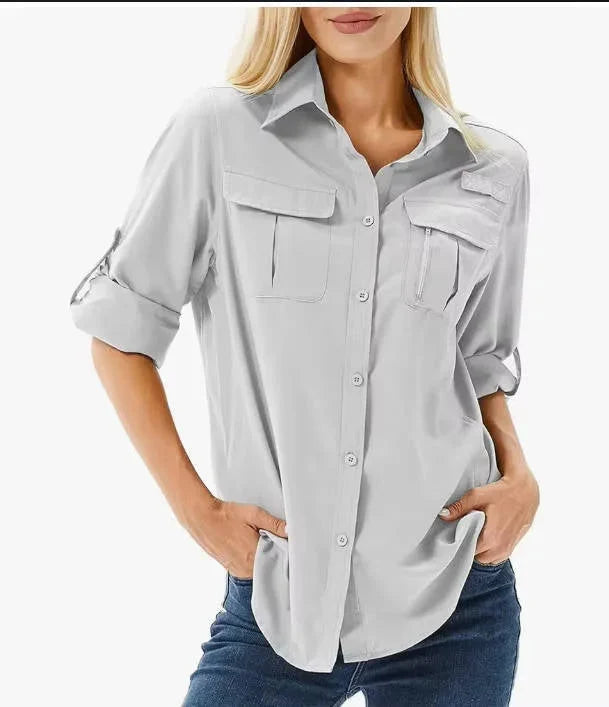 Women's UPF 50 Hiking and Safari Shirt with Roll-Up Sleeves and Zip Pockets