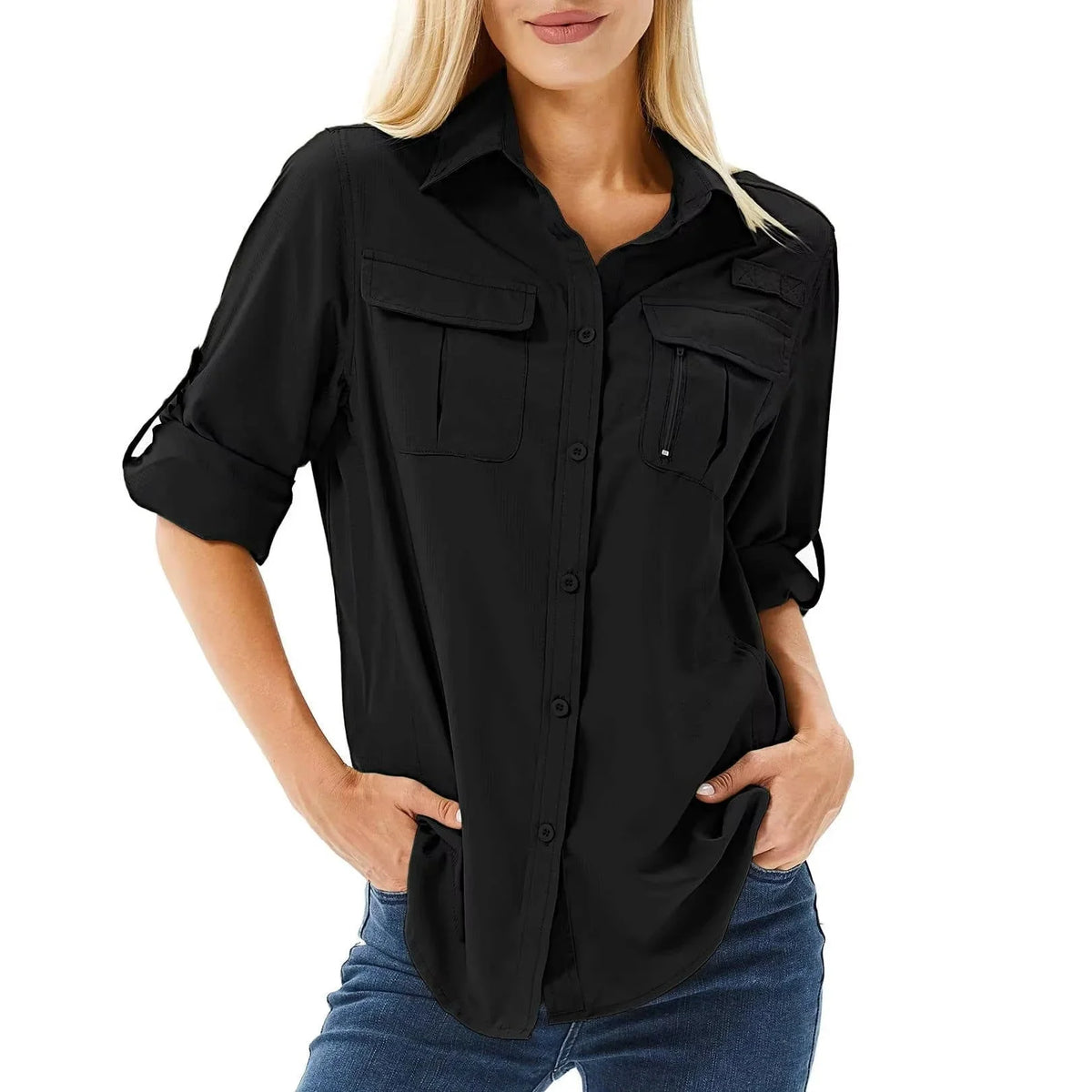 Women's UPF 50 Hiking and Safari Shirt with Roll-Up Sleeves and Zip Pockets