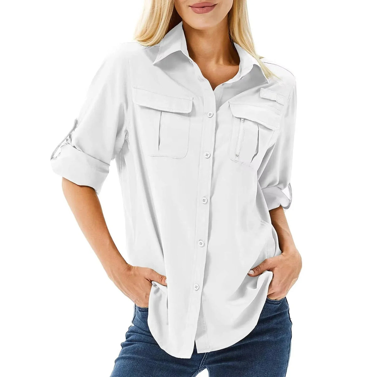Women's UPF 50 Hiking and Safari Shirt with Roll-Up Sleeves and Zip Pockets