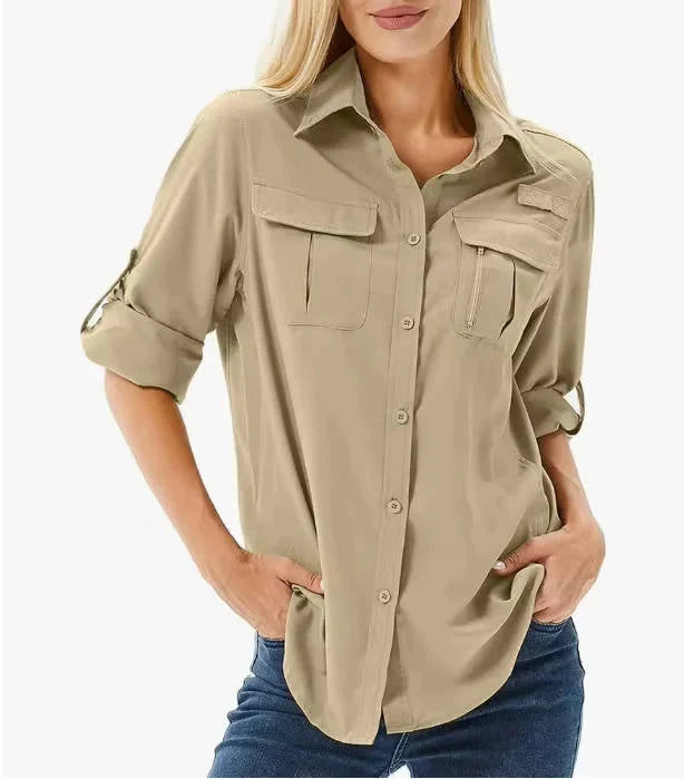 Women's UPF 50 Hiking and Safari Shirt with Roll-Up Sleeves and Zip Pockets