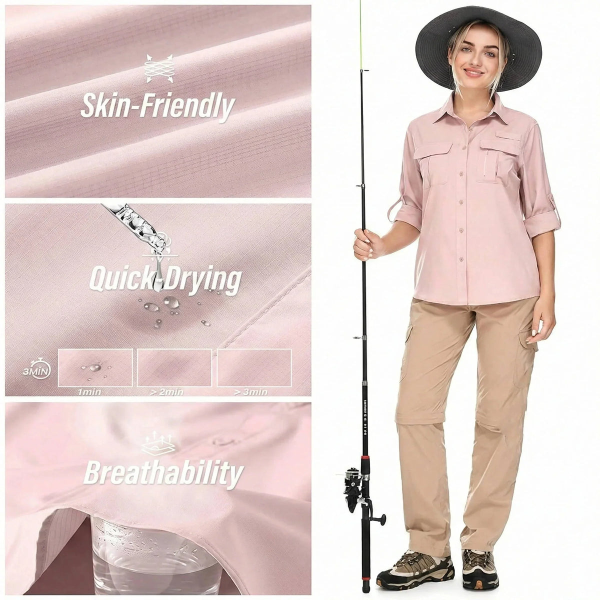 Women's UPF 50 Hiking and Safari Shirt with Roll-Up Sleeves and Zip Pockets