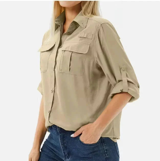 Women's UPF 50 Hiking and Safari Shirt with Roll-Up Sleeves and Zip Pockets