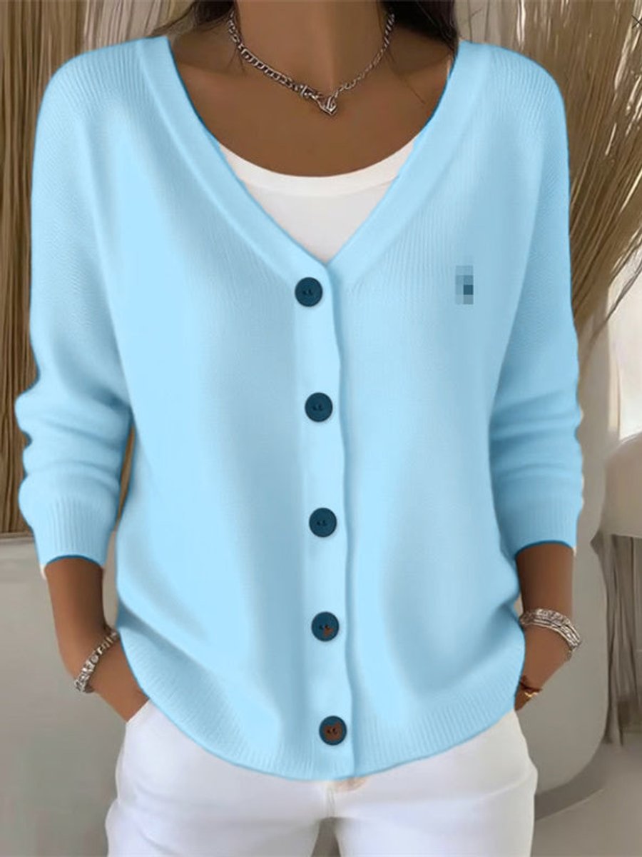 Women's V-Neck Button-Front Long Sleeve Knit Cardigan