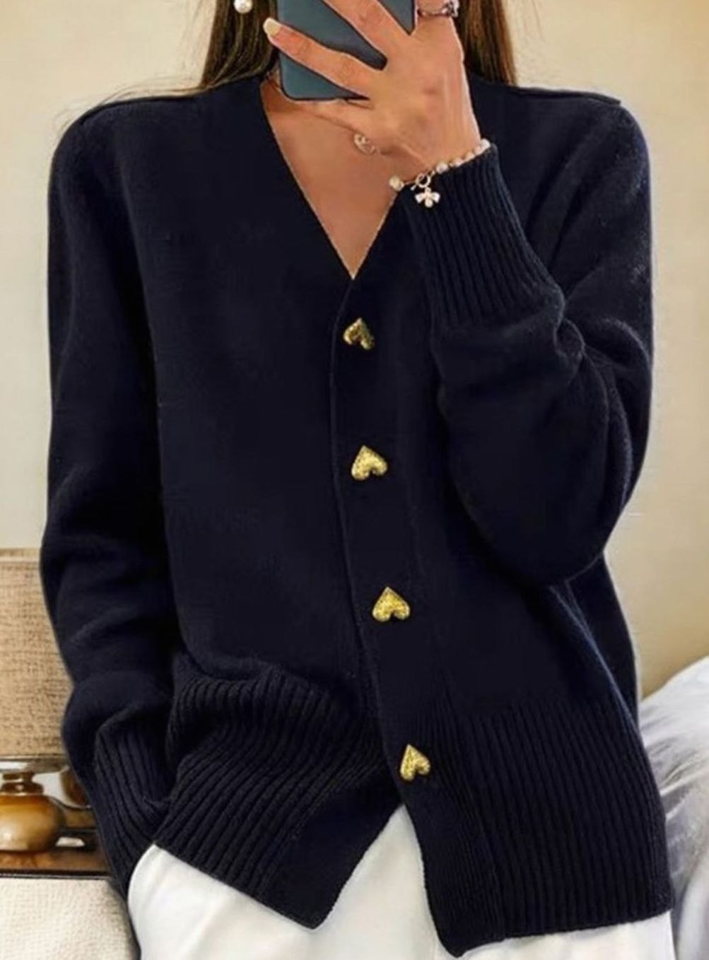 Women's V-Neck Gold Heart-Button Knit Cardigan