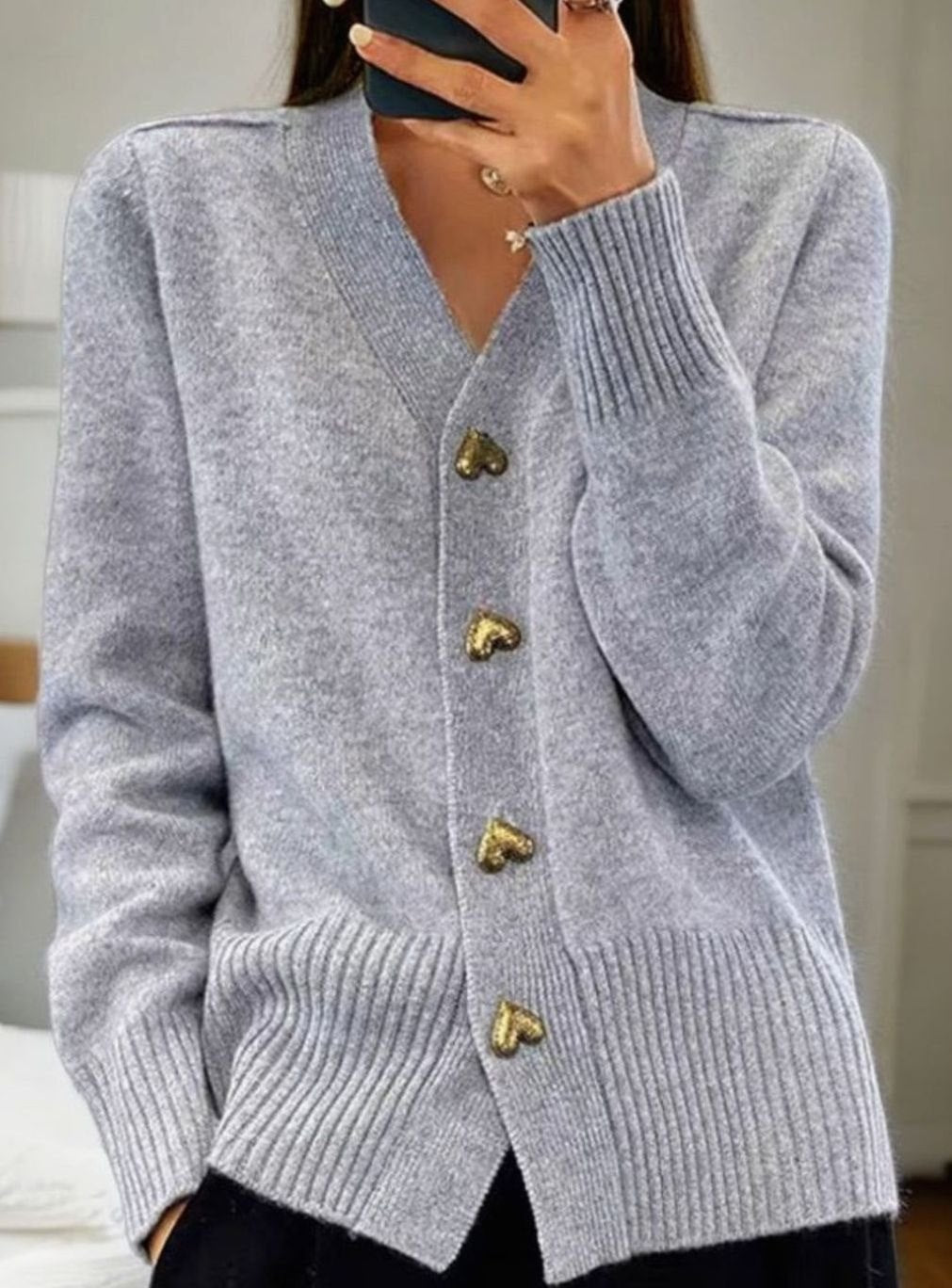 Women's V-Neck Gold Heart-Button Knit Cardigan