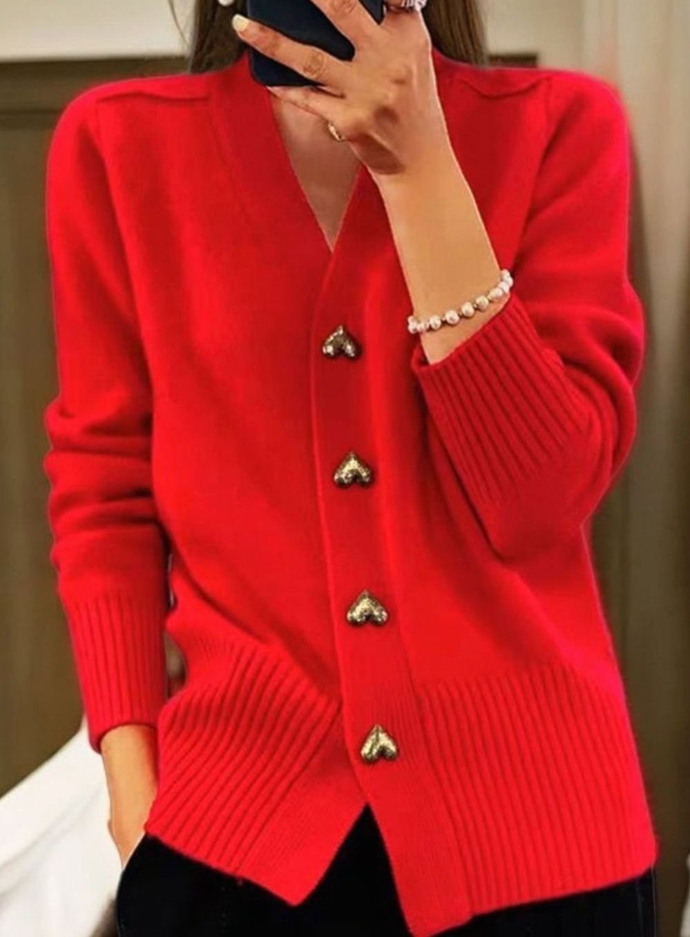 Women's V-Neck Gold Heart-Button Knit Cardigan