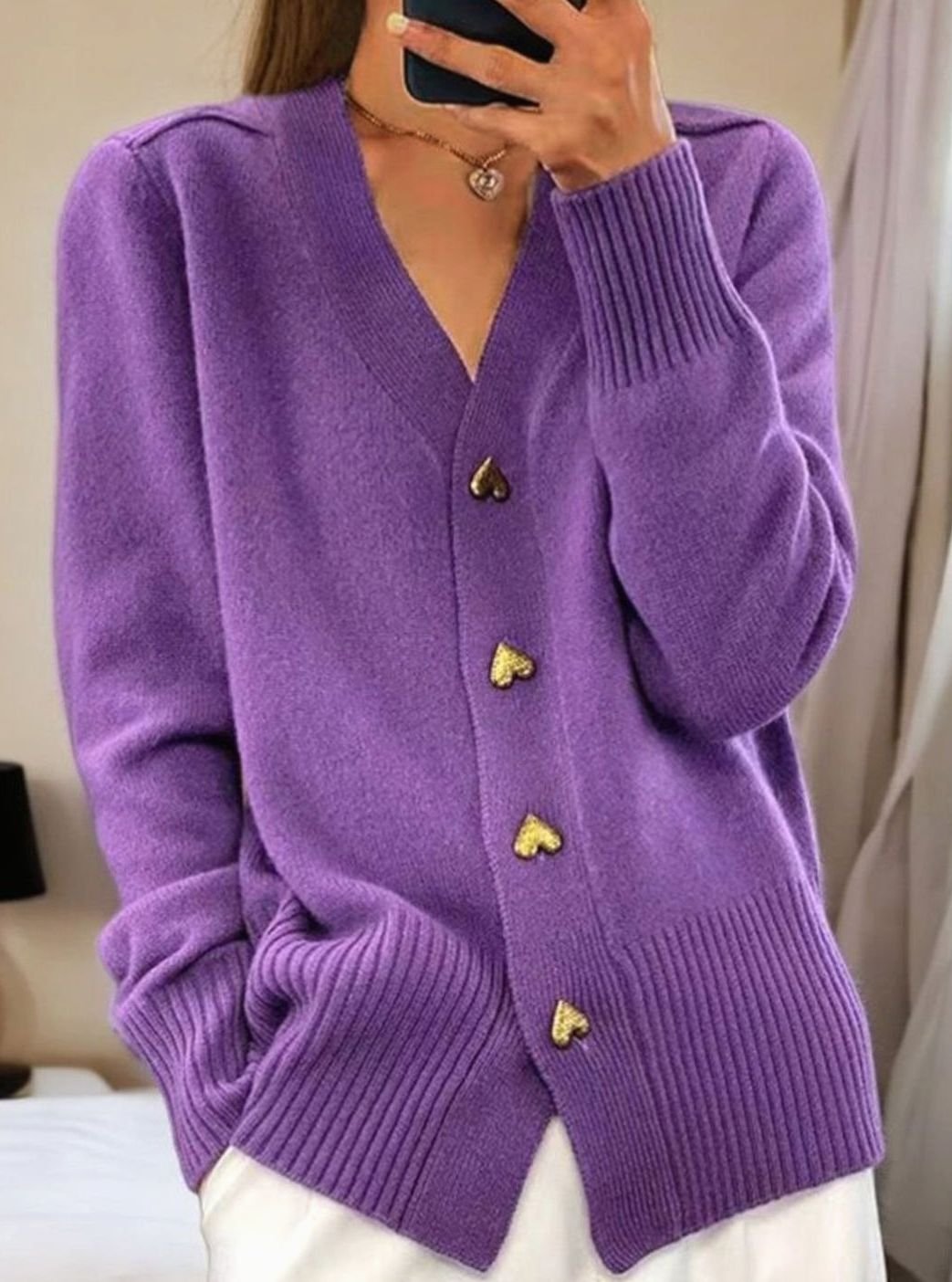 Women's V-Neck Gold Heart-Button Knit Cardigan