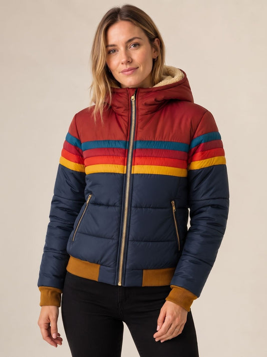 Women's Waterproof Hooded Puffer Jacket with Retro Stripe Color-Blocking