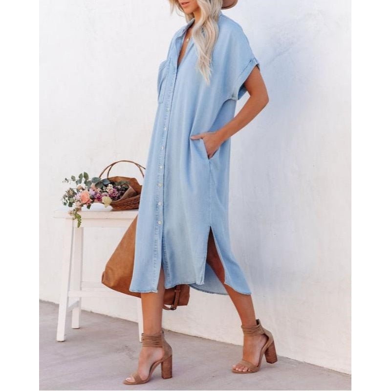 Image of Women's Button-Down Denim Shirt Midi Dress
