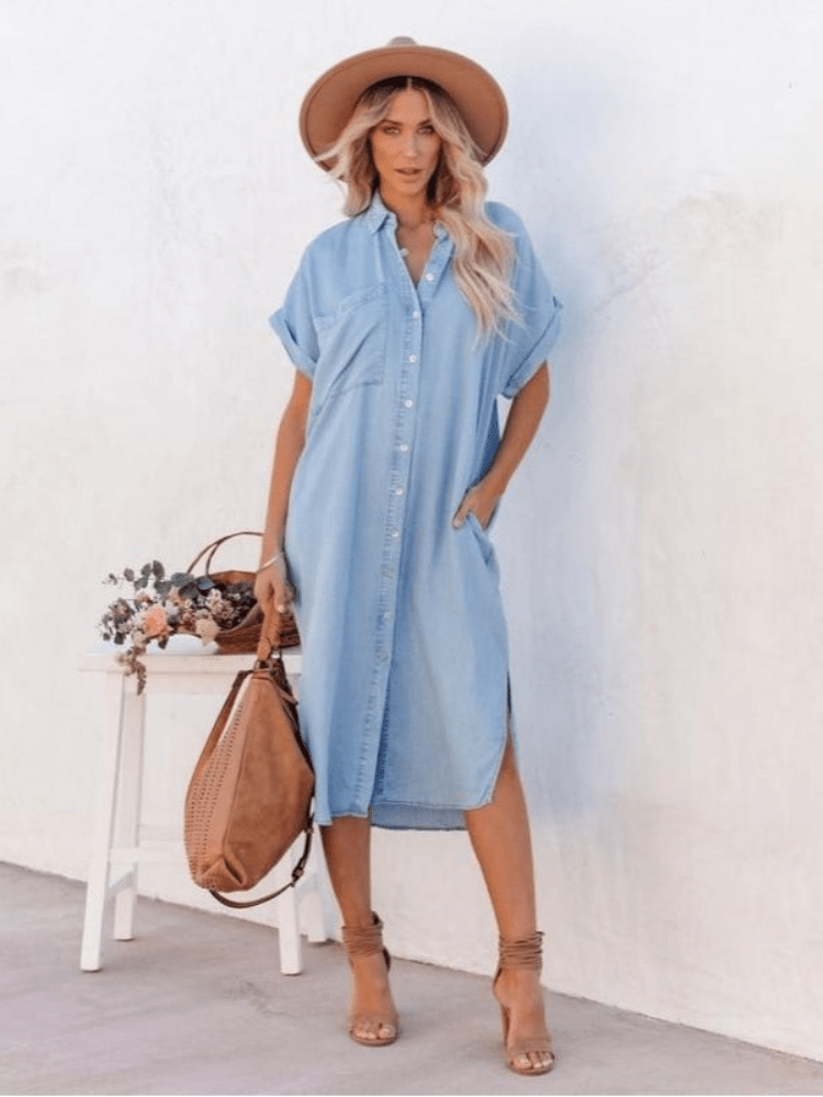 Image of Women's Button-Down Denim Shirt Midi Dress