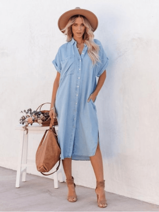 Image of Women's Button-Down Denim Shirt Midi Dress