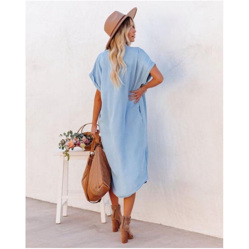 Image of Women's Button-Down Denim Shirt Midi Dress