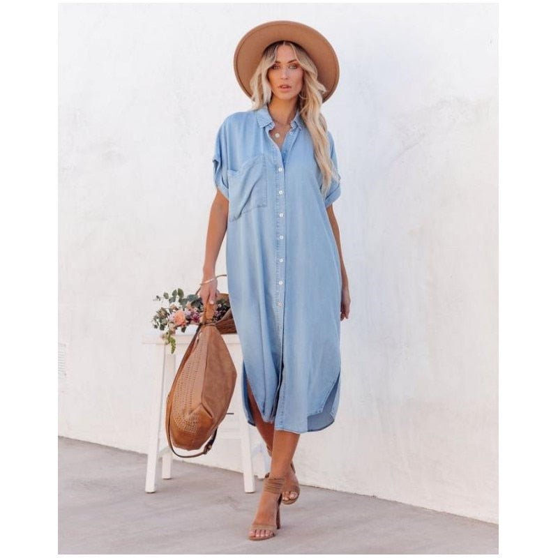 Image of Women's Button-Down Denim Shirt Midi Dress