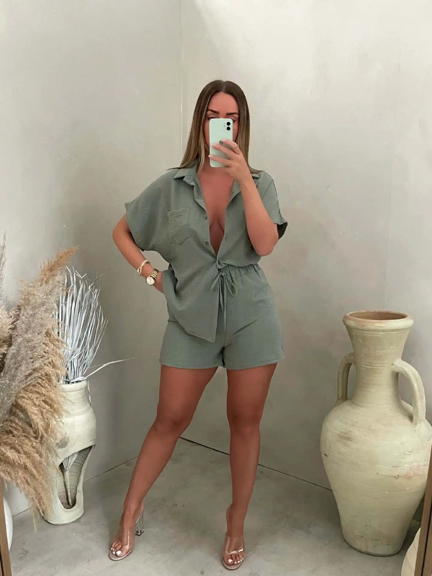 Image of Women's Button-Down Shirt Short Set