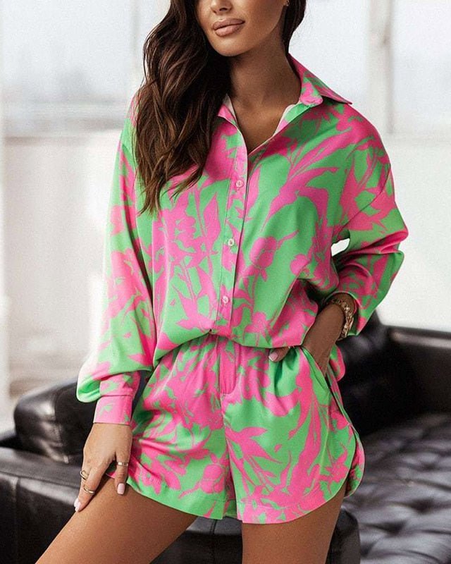 Image of Women's Button-Down Shirt Shorts Set
