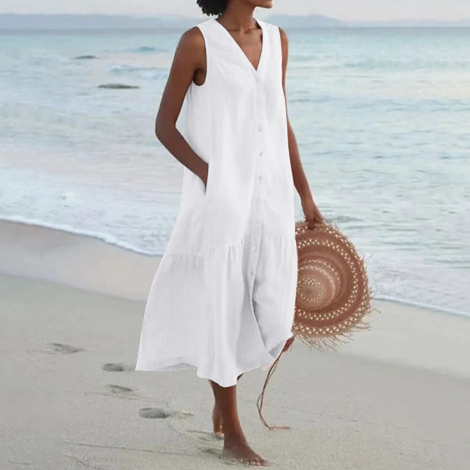 Image of Women's Button-Front Sleeveless Midi Dress