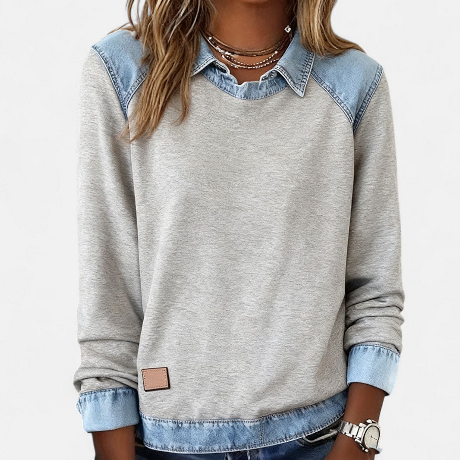 Image of Women's Color Block Denim Trim Sweater