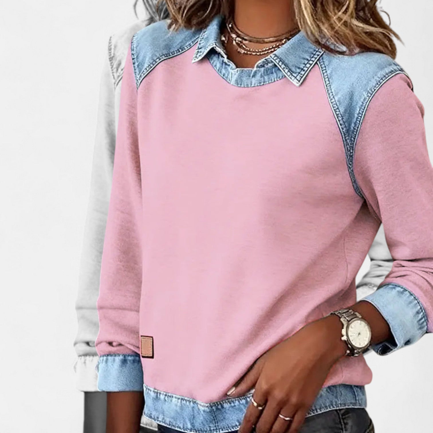 Image of Women's Color Block Denim Trim Sweater