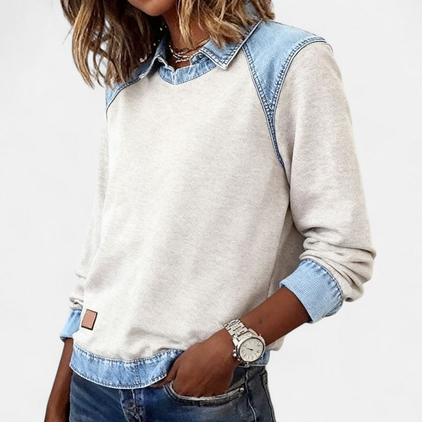 Image of Women's Color Block Denim Trim Sweater