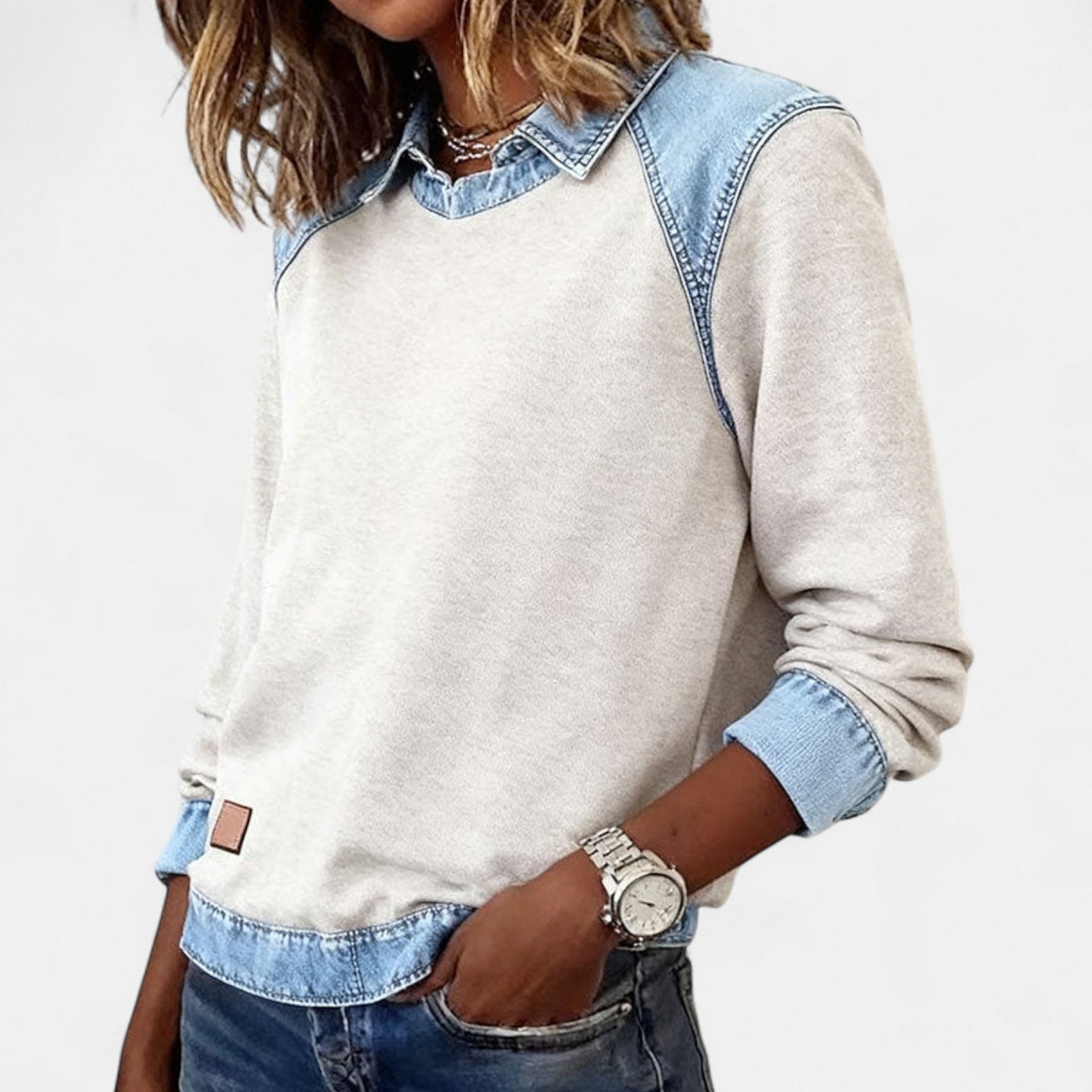 Image of Women's Color Block Denim Trim Sweater