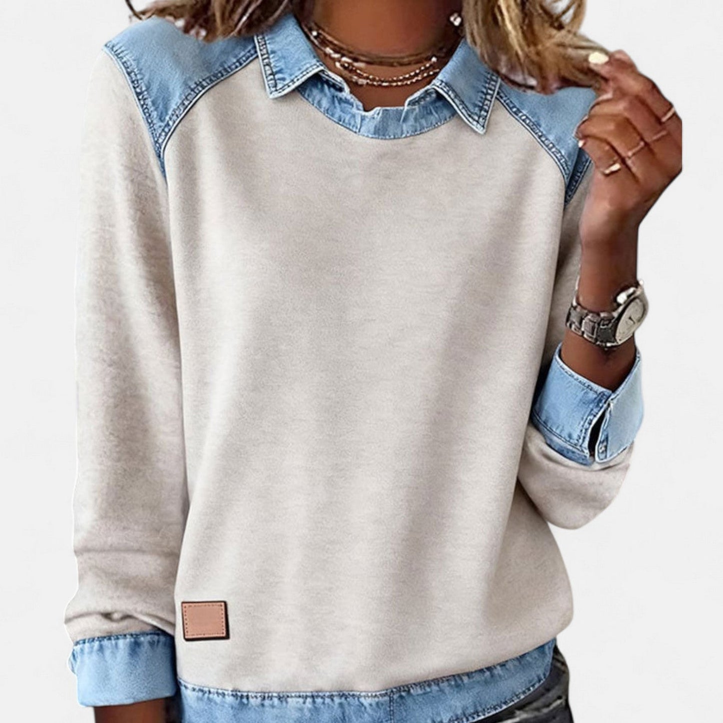 Image of Women's Color Block Denim Trim Sweater