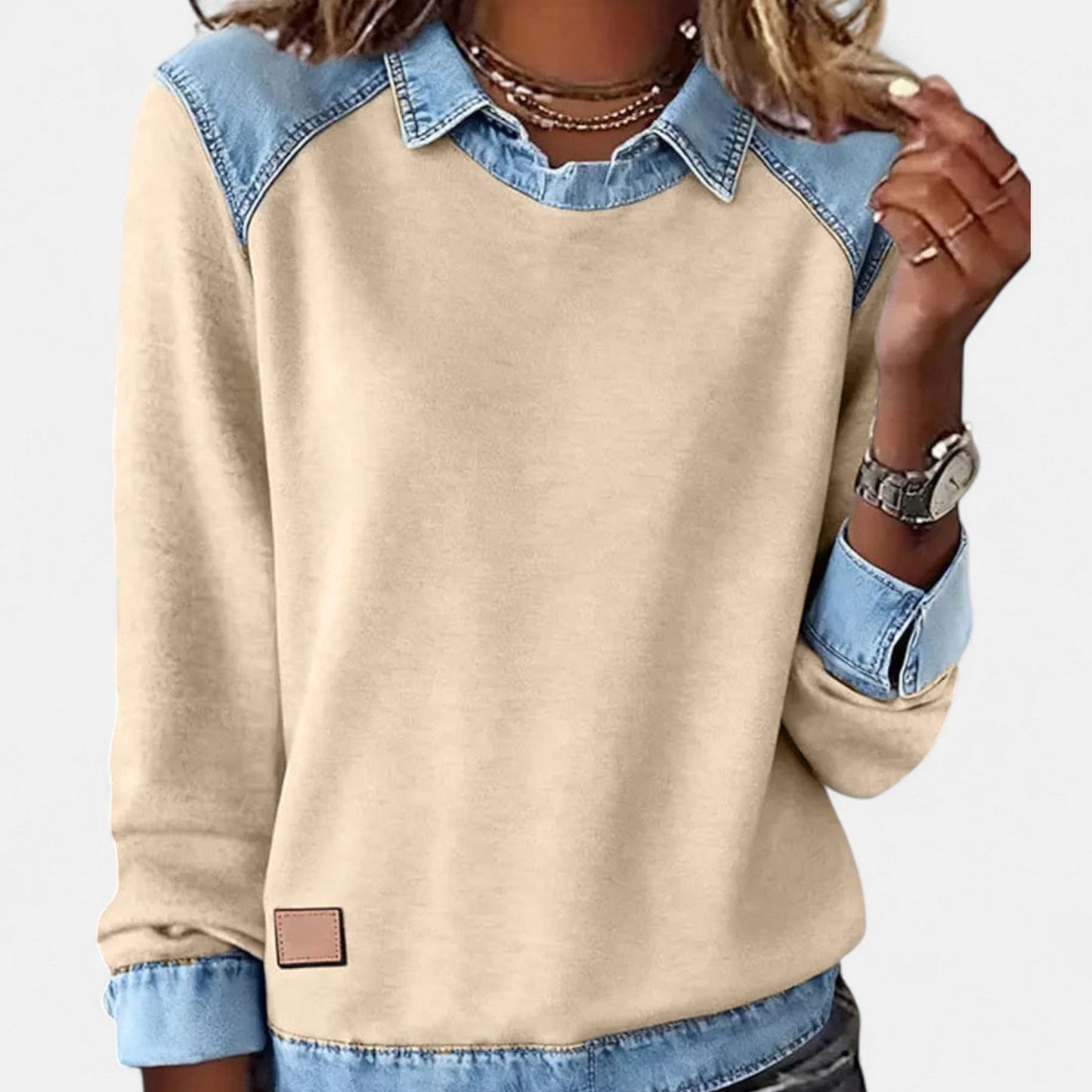 Image of Women's Color Block Denim Trim Sweater