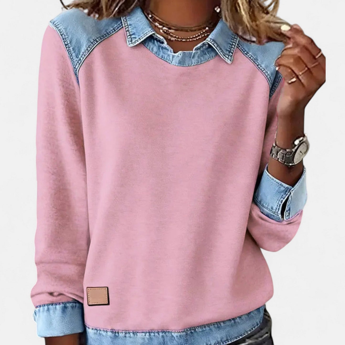 Image of Women's Color Block Denim Trim Sweater