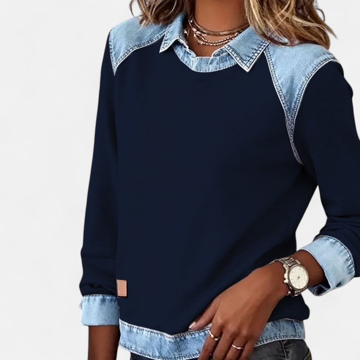 Image of Women's Color Block Denim Trim Sweater