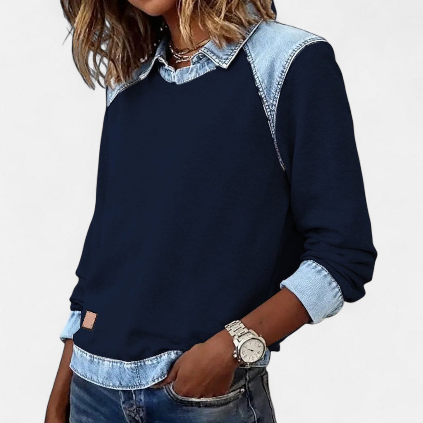 Image of Women's Color Block Denim Trim Sweater
