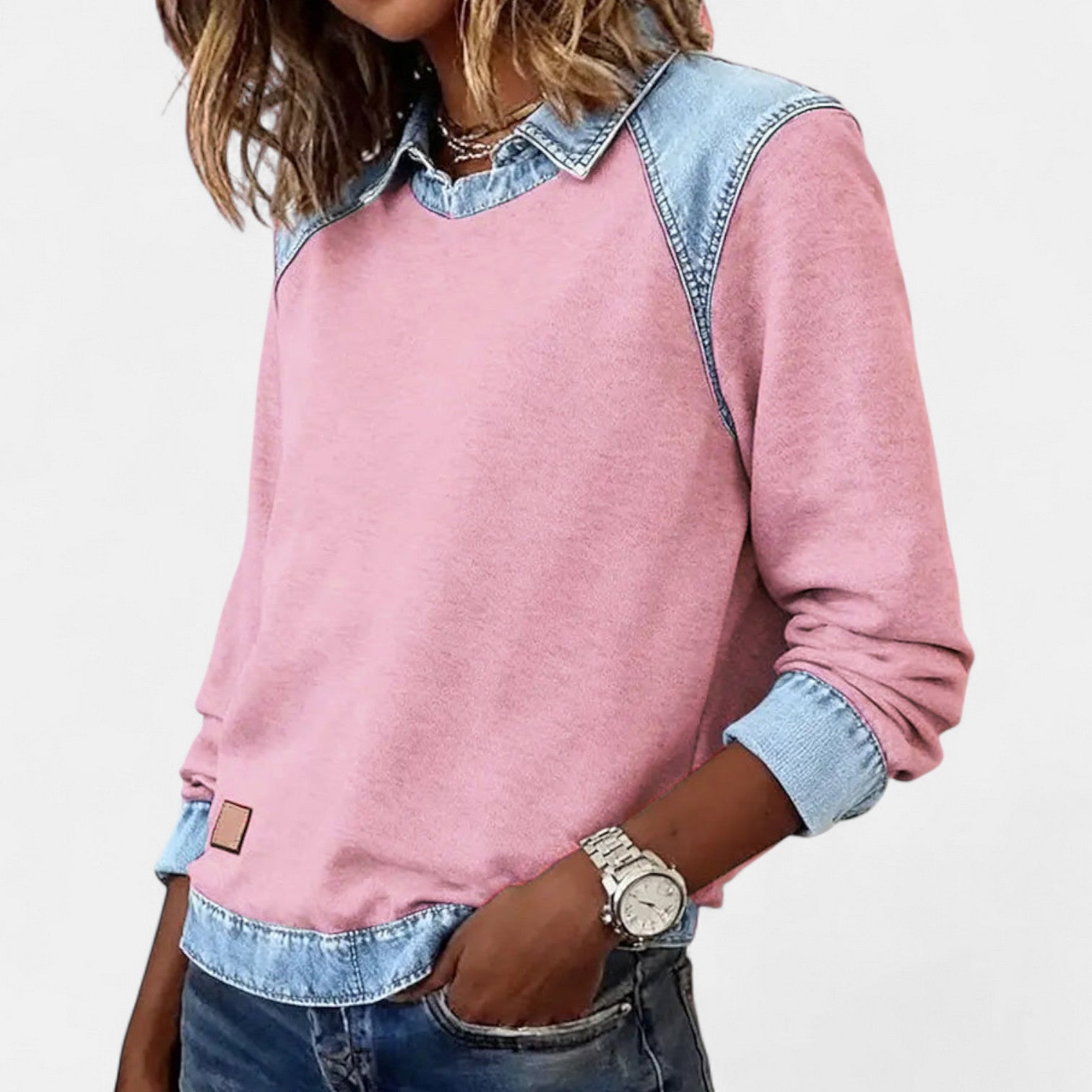Image of Women's Color Block Denim Trim Sweater